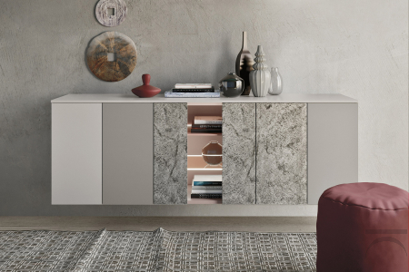 Credenza sospesa di design con ante in pietra e in laccato con vano a giorno retroilluminato