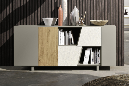 Credenza moderna da soggiorno con ante in legno impiallacciato, laccato opaco e in cemento