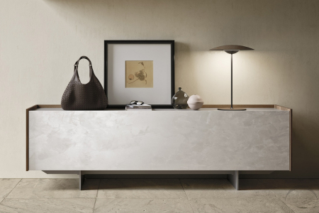 Credenza bassa moderna con 1 cassetto con struttura in impiallacciato e cassetto in spatolato
