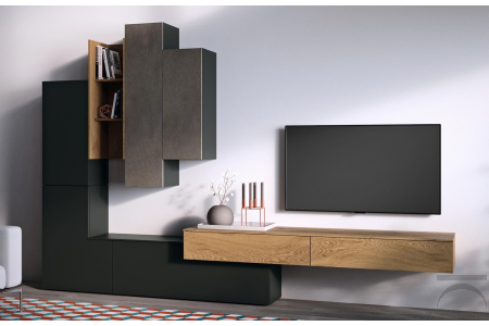 Mobile soggiorno contemporaneo in legno rovere e pietra