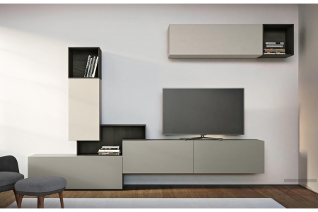 Soggiorno design in legno con cassettoni, pensili e pensili a giorno