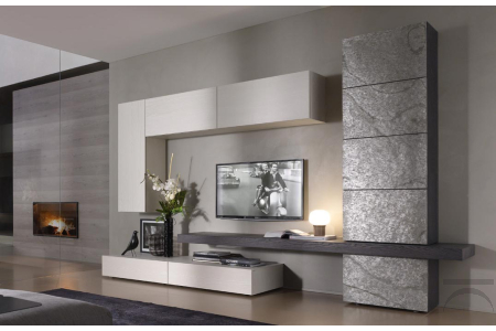 Parete soggiorno design con ante colonna in pietra