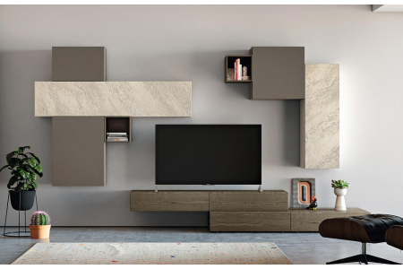 Parete attrezzata di design in legno con pensili in finitura istinto