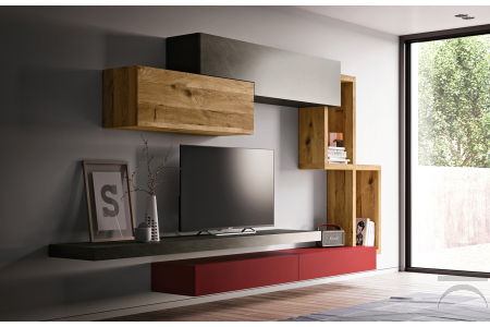 Mobile soggiorno sospeso contemporaneo in rovere e laccato opaco