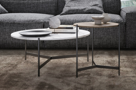 Round designer coffee table for living room with metal frame and top in various finishes
