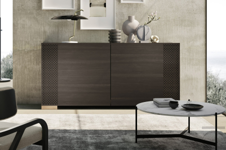 Elegante credenza complanare a 2 ante scorrevoli in impiallacciato noce intarsiato