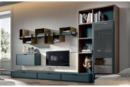 Mobile soggiorno di design in legno massello con porta tv in laminam