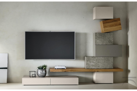 Parete attrezzata di design con base cassetti, panca sospesa e totem