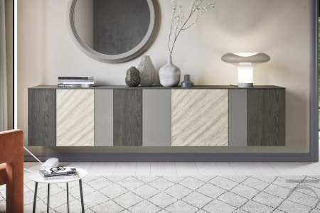 Credenza di design sospesa con ante in laccato, legno impiallacciato e in istinto