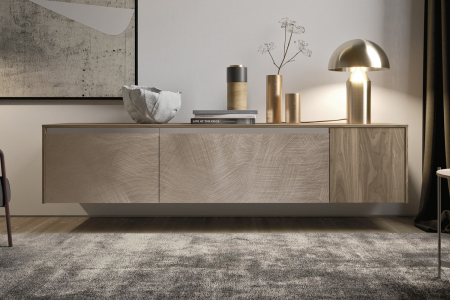 Light walnut and marte spatolato wood modern design suspended sideboard for living room