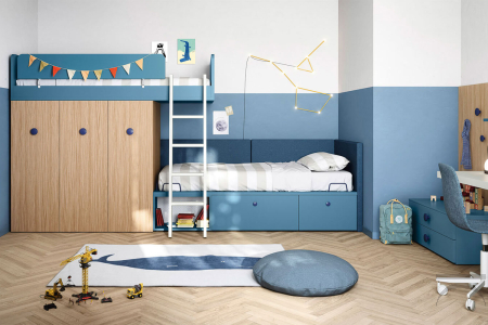 Moderno dormitorio con litera con armario de tres puertas y cómoda
