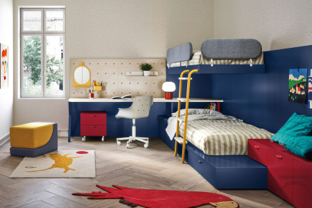 Dormitorio moderno con litera con almacenaje, gran escritorio con pared personalizable
