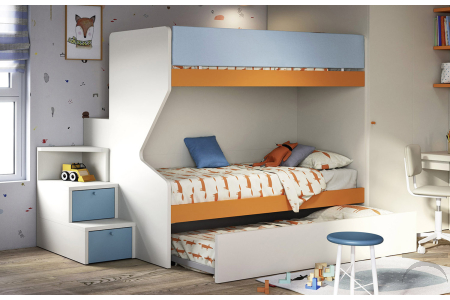 cama litera con tres camas individuales y escalera de contenedores