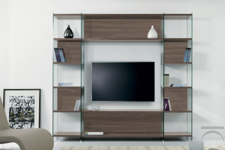 Parete attrezzata con vano porta TV in finitura noce. Misura 218 x 36 h 202 cm. riferimento C3.