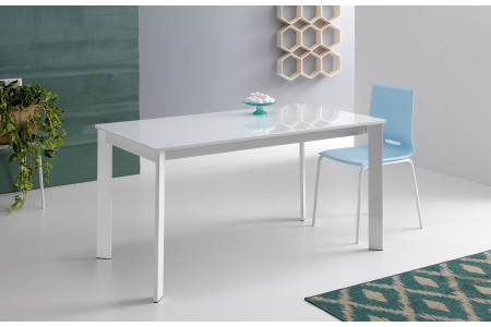 Tavolo piccolo di design da cucina in vetro bianco allungabile con gambe in metallo bianco