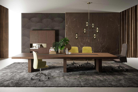 Mesa de sala de reuniones de diseño en madera lacada en negro mate con ojal central con perfiles de aluminio de latón