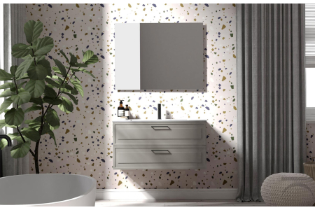 Mobile bagno piccolo sospeso a due cassetti con specchiera retroilluminata