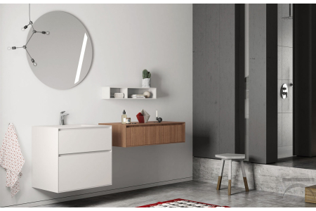 Mobile bagno piccolo e moderno con specchio rotondo e cassetto porta trucchi