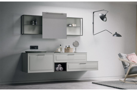 Arredobagno classico moderno sospeso con specchiera contenitore con anta scorrevole