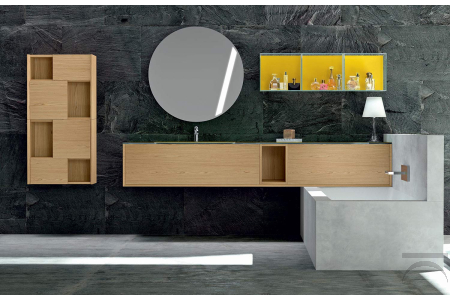 Bagno sospeso con top in vetro colorato e lavabo integrato