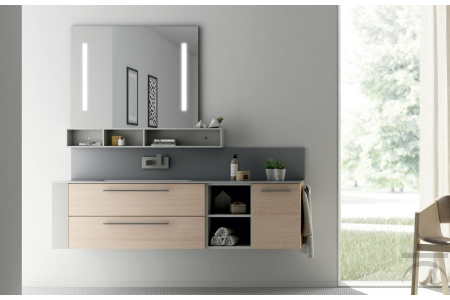 Arredo bagno sospeso di design con anta, cassettoni e vani a giorno