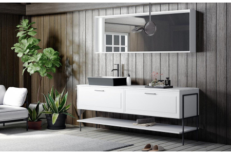 Arredobagno classico moderno bianco con lavabo sopra piano e top in marmo
