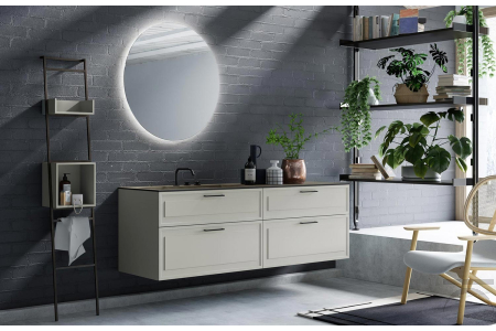 Mobile bagno sospeso in laccato grigio opaco con cassetti e specchio rotondo retroilluminato