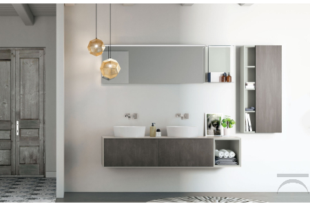 Bagno di design sospeso con doppio lavabo rotondo bianco soprapiano