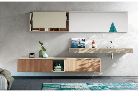 Mobile bagno moderno ampio con top scatolato e pensili design con vani a giorno