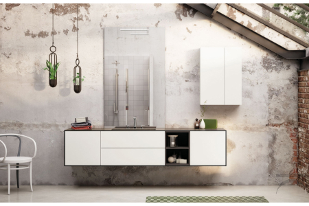 Bagno sospeso moderno con ante e cassetti ad apertura push pull