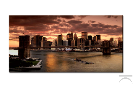 Quadro moderno, l'alba a New York con  il ponte di brooklyn in primo piano.