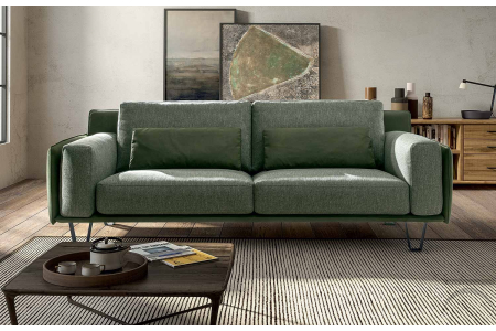 Divano 2 posti design bicolore con braccioli stretti e cuscino bracciolo