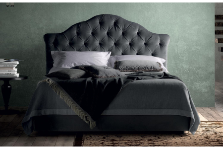 Letto francese classico in tessuto con contenitore e testata trapuntata capitonnè