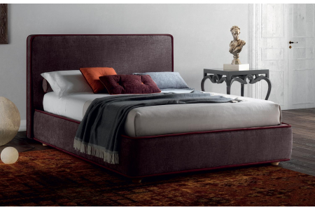 Letto imbottito matrimoniale contenitore in tessuto con cuciture con cordoncino
