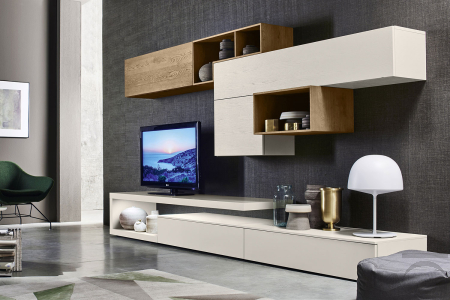 Soggiorno di design con pianale sospeso porta tv con illuminazione led