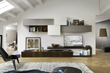 Parete attrezzata elegante in legno impiallacciato e in laccato opaco