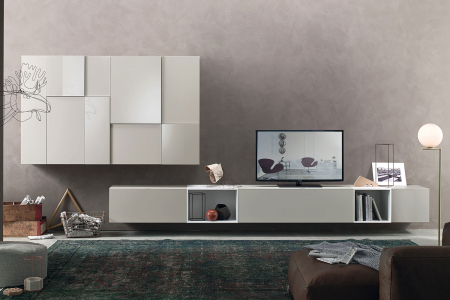 Parete soggiorno sospesa di design dalle grandi dimensioni in laccato opaco e in laccato lucido