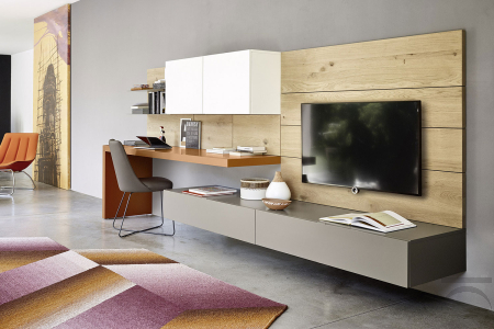 Parete attrezzata sospesa di design con boiserie e piano scrivania