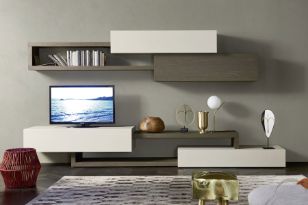 Parete attrezzata componibile di design in legno e in laccato opaco
