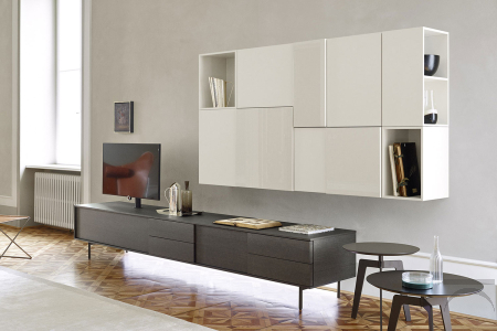 Mobile soggiorno contemporaneo con base cassetti porta tv con illuminazione a led