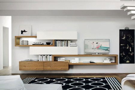 Elegante mobile soggiorno sospeso di design in bianco opaco e rovere nodato