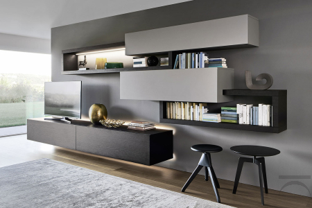 Mobile soggiorno di design in legno con luci led base porta tv e mensola