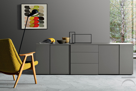 Credenza lunga moderna da soggiorno in laccato opaco Ardesia con ante e cassetti push pull