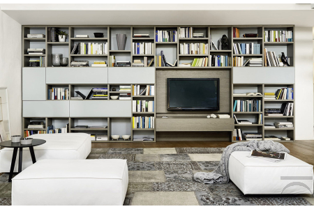 Parete libreria design in legno da soggiorno