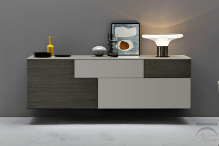 Credenza sospesa a muro in laccato opaco ardesia e il legno rovere grigio