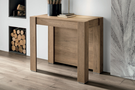 Consolle da soggiorno in materico rovere con allunghe nascoste nello schienale