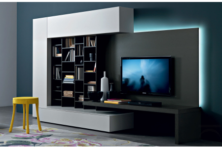 Mobile soggiorno libreria con pannello porta tv con illuminazione a led