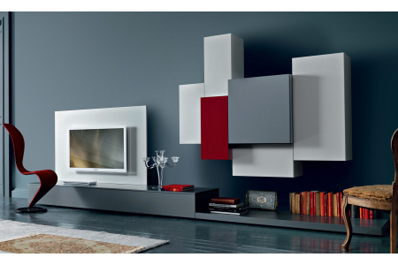 Mobile soggiorno moderno di design con pannello porta tv