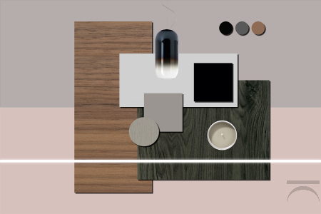Interior design of a double bedroom with 4-door wardrobe, wooden bed, bedside tables and chest of drawers