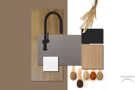 Corner kitchen in eco-cement with porcelain stoneware top, natural oak shelves and bosch appliances